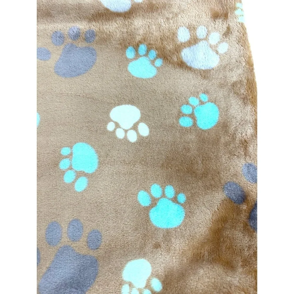 Dog Blanket Brown Tan Paw Print Soft Piping Edge 31”x 41” Blue Turquoise Grey